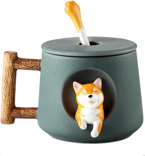 Miniatura 9 de Taza de Pareja de Perros Linda, Taza de Café de Cerámica con Tapa, Patas en la Parte Superior de la Cuchara, Bonito Diseño Tridimensional de Shiba