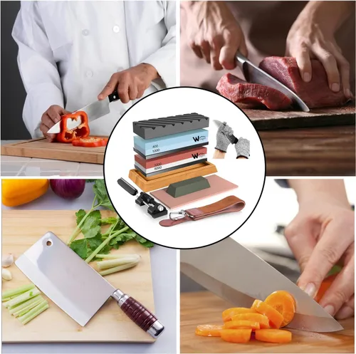 Miniatura 7 de Kit de piedra de afilar cuchillos – 400/1000 3000/8000 Grit Wet Kitchen Whetstone juego de afilador de cuchillos con base de goma de bambú