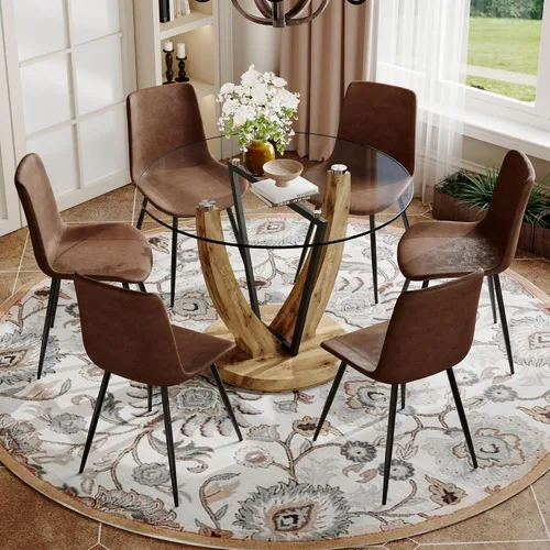 Miniatura 43 de JUFU Juego de mesa de comedor redonda para 4, mesa de comedor de 48 pulgadas con mesa de mármol sintético y 4 sillas tapizadas, moderno juego
