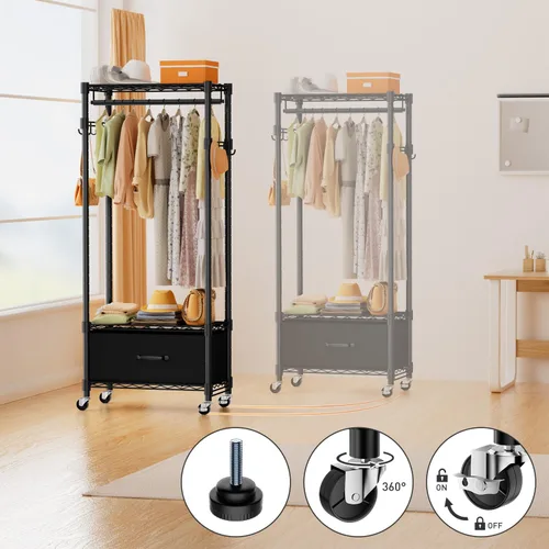 Miniatura 5 de VyGrow Perchero de Ropa, Perchero de Ropa para Colgar Ropa, Sistema Organizador de Closet Ajustable de 3 Niveles con Cajón Barra para Colgar