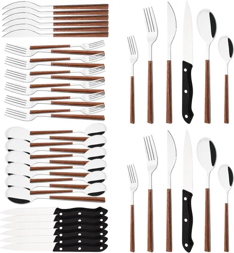 Juego de cubiertos con cuchillos para carne, 48 piezas, juego de cubiertos para 8 cubiertos de acero inoxidable con mango de grano de madera