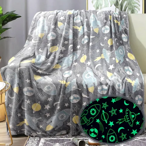 Miniatura 9 de Manta de cohete que brilla en la oscuridad, manta espacial de nave espacial luminosa, luna y estrellas, regalos para niños pequeños y niñas