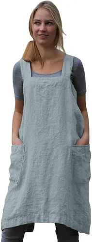 Miniatura 20 de Larmliss Delantal tipo pinafore cuadrado para mujer, para hornear, cocinar, jardinería, con espalda cruzada, mezcla de algodón/lino, con 2 bolsillos