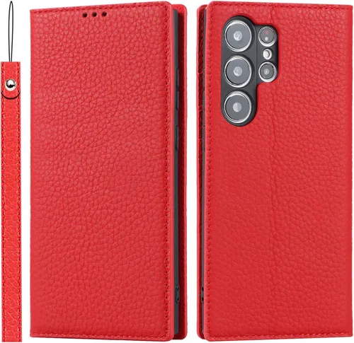 Miniatura 12 de Havaya Funda tipo cartera para Samsung Galaxy S23 Ultra, tapa magnética con tarjetero y soporte para tarjeta - rojo PU+rojo