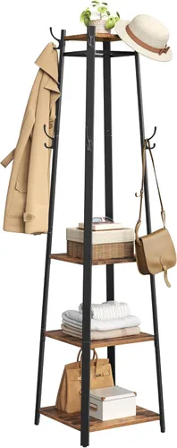 Miniatura 8 de VASAGLE Perchero con 3 estantes, árbol de pasillo independiente con ganchos para bufandas, bolsos, paraguas, marco de acero, estilo industrial
