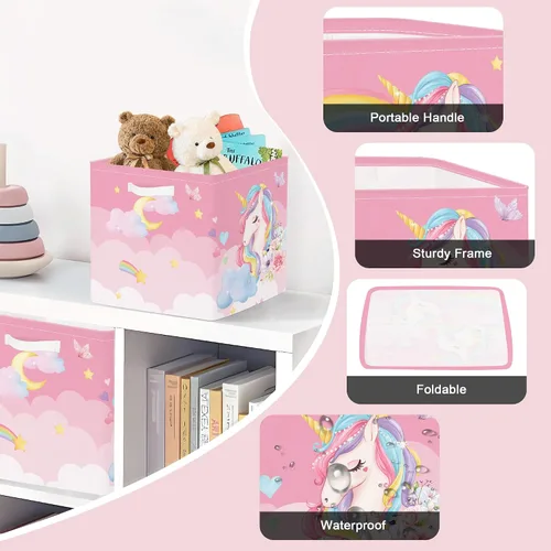 Miniatura 6 de Clastyle Juego de cestas de almacenamiento plegables de unicornio rosa para niños, organizador de ropa, cuarto de bebé, juguetes para niñas, estante