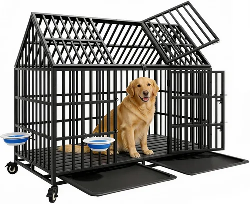 Miniatura 12 de Jaula para perros indestructible de 44 pulgadas con ruedas, jaula de acero a prueba de escapes para interiores, doble puerta, alta ansiedad