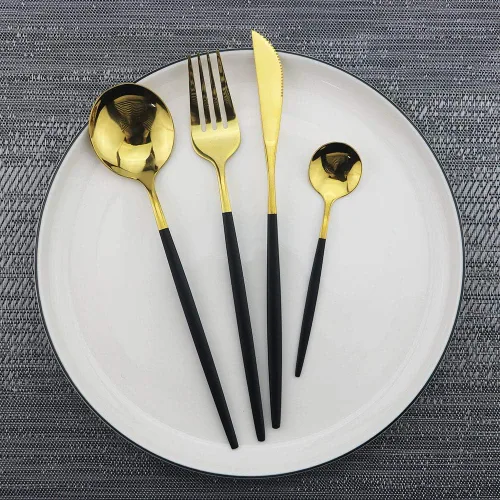 Miniatura 4 de JASHII Black GoldSilverware - Juego de cubiertos de acero inoxidable de 20 piezas con acabado satinado, utensilios de cocina, cubiertos pulidos