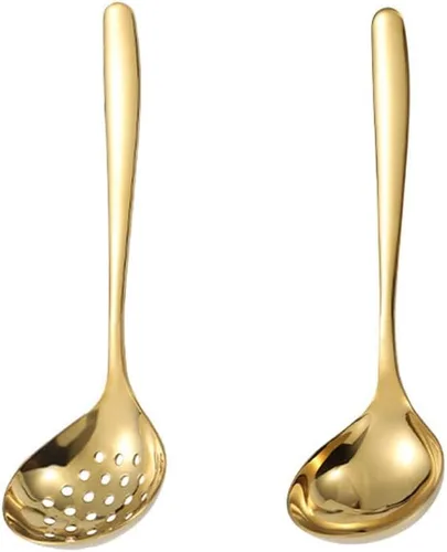 Miniatura 7 de Colador de sopa de oro negro Colador de cuchara ranurada Skimmer Colador Salsa Servidor de salsa Servidor de acero inoxidable Negro/Oro