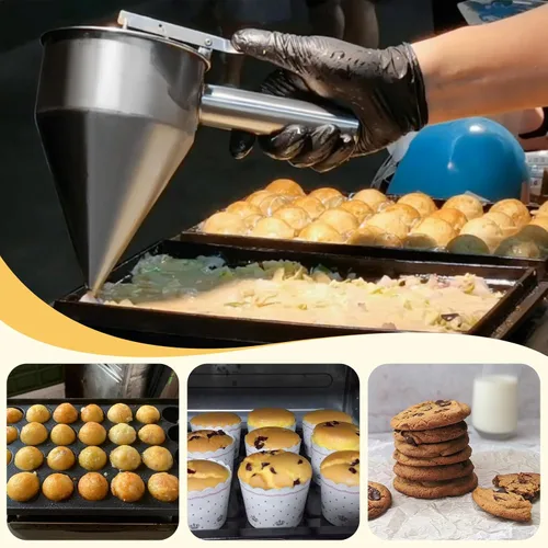 MYFULLY Embudos dispensadores de masa para panqueques con soporte, dispensador de pasteles de acero inoxidable con soporte, ideal para cupcakes,