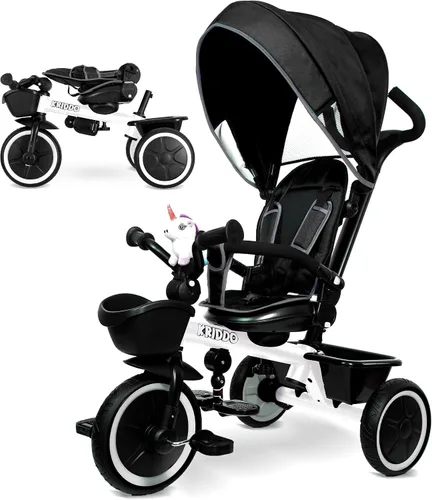 Miniatura 7 de KRIDDO Carrito de triciclo 7 en 1 para niños pequeños de 18 meses a 5 años, mango de empuje ajustable, asiento giratorio, portavasos y toldo