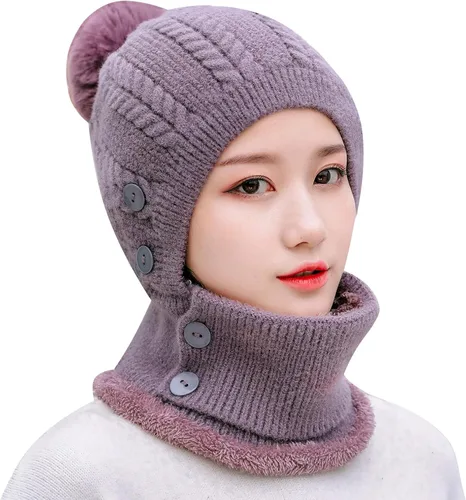 Miniatura 2 de Gorros de invierno para mujer, de una pieza, con forro polar, de punto, pasamontañas, con cuello de calavera, bufanda circular, sombrero de nieve