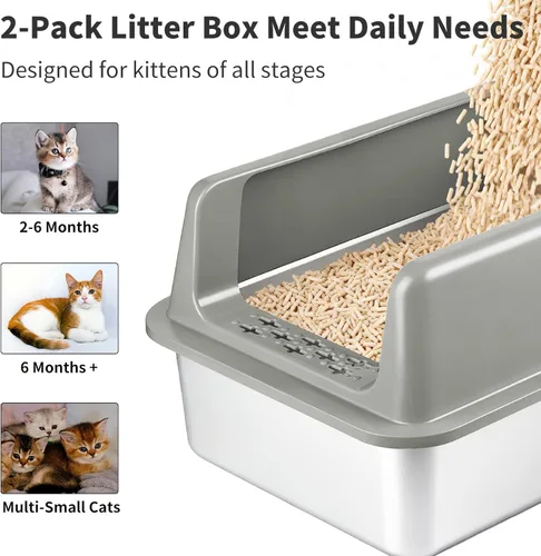 Miniatura 3 de Kirecoo Paquete de 2 cajas de arena de acero inoxidable con tapa, caja de arena de metal cerrado mediano para gatos, bandeja de arena antifugas