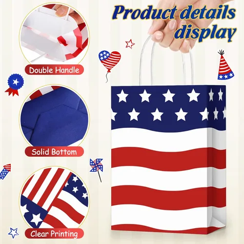 Miniatura 3 de Tisancy 30 bolsas de regalo patrióticas con asa con 30 piezas de papel de seda rojo, blanco y azul, 4 de julio, bandera estadounidense, bolsas