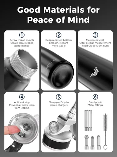 Miniatura 2 de Dispensador profesional de crema batida de aluminio de 16.9 fl oz / 1 pinta, batidor de crema a prueba de fugas con 3 puntas de decoración, probado