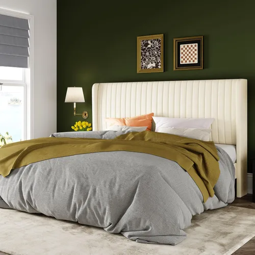 Miniatura 19 de Allewie - Base de cama tamaño King con cabecera acolchada en terciopelo y diseño acanalado vertical; plataforma de cama tapizada; listones de madera