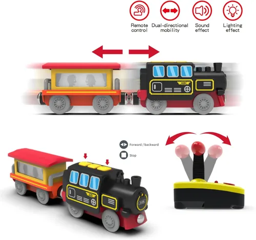 Miniatura 3 de Juguete de tren de locomotora a pilas para pistas de madera, vehículos de control remoto para niños pequeños, compatible con Thomas, Brio