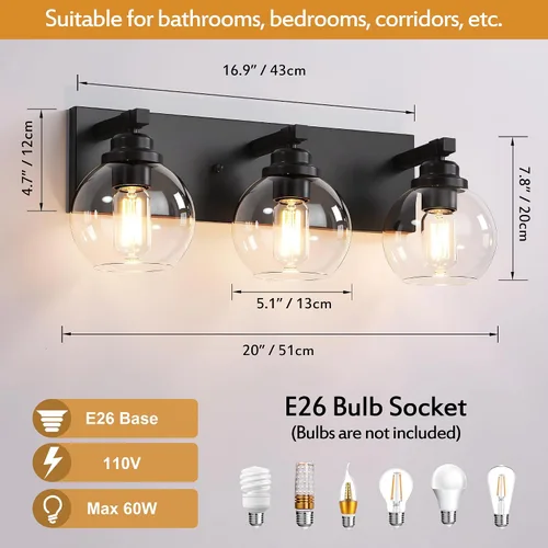 Miniatura 4 de LmnLvn Lámparas de baño, 3 luces de tocador de color negro mate, modernas lámparas de baño sobre espejo, luces de tocador de granja con pantalla