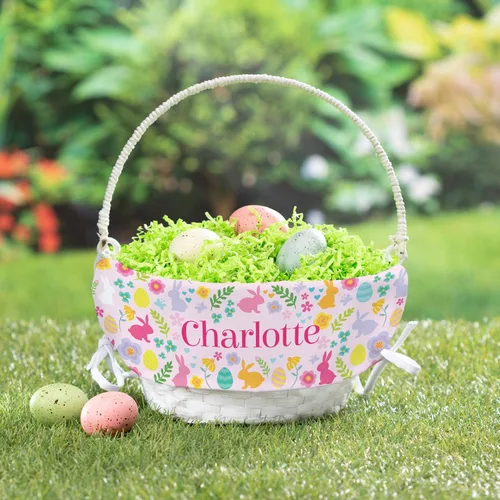 Miniatura 2 de Cesta de huevo de Pascua personalizada con diseño de flores de conejo con asa y nombre personalizado, forros de canasta de Pascua rosados, canasta