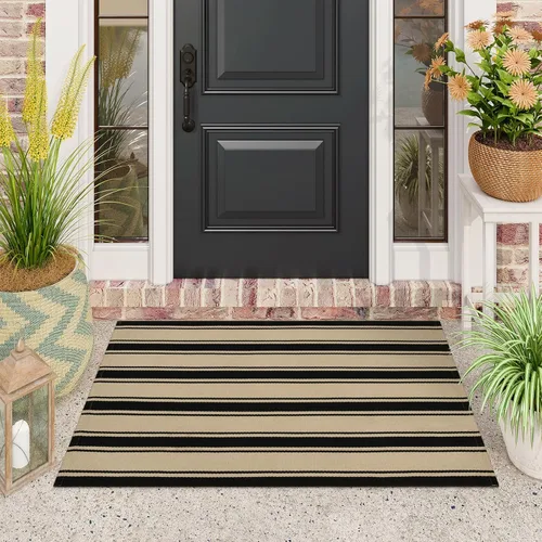 Miniatura 21 de Alfombra de lana cuadriculada para exteriores de 24 x 35 pulgadas, alfombra de algodón tejida a mano, plegable, lavable, reversible, en capas