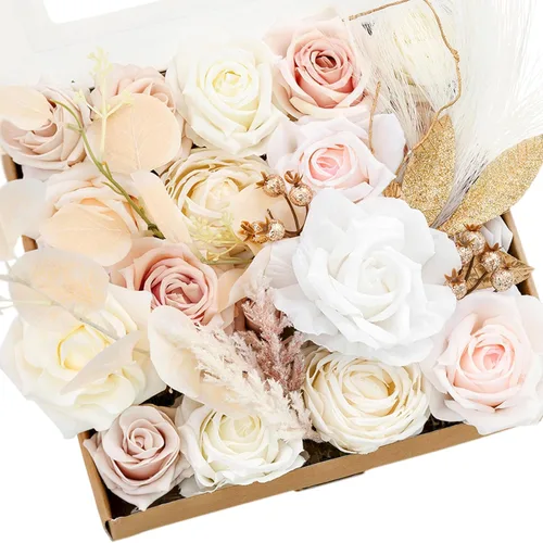Miniatura 44 de Ling's moment Caja de Flores Falsas, Tallos de Vegetación Artificial Falsa Rosas de Espuma Dalias de Seda Hojas de Rosa Flor de Tela para Centros