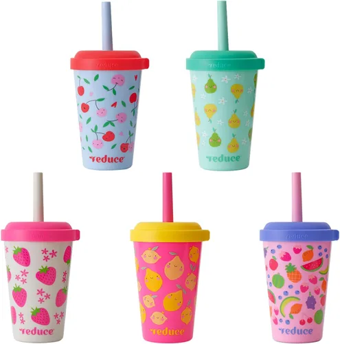 REDUCE GoGo's - Vasos Tumbler portátiles para niños con tapas y popotes a prueba de derrames, paquete de 5 vasos apilables de 12 onzas con tapas de