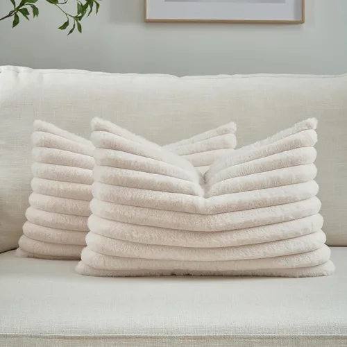 Miniatura 31 de FUTEI - Juego de 2 fundas de almohada decorativas con rayas, cuadradas, para invierno, piel sintética de conejo suave y acogedora y respaldo