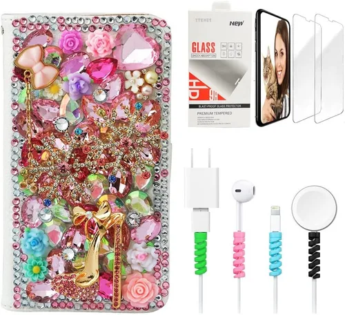 Miniatura 12 de Bling - Funda de piel con tapa para iPod Touch 5ª, 6ª y 7ª - Elegante - Diseño de flores en 3D - Funda de piel con protector de pantalla y protector