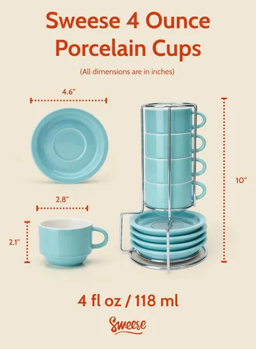 Miniatura 2 de Sweese - Juego de 4 tazas de espresso apilables de porcelana de 4 onzas con platillos y soporte de metal, color turquesa