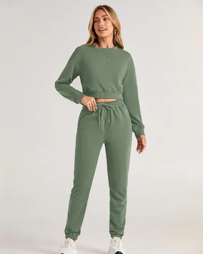 Miniatura 46 de BTFBM Conjunto deportivo de 2 piezas para mujer, camiseta corta de manga larga, sin botones, pantalón con cordón ajustable, pantalones deportivos