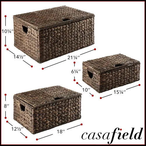 Miniatura 7 de Casafield Juego de 3 canastas de almacenamiento rectangulares de jacinto de agua con tapas (Espresso - Pequeña/Mediana/Grande) para dormitorio