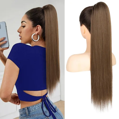 Miniatura 31 de Flufymooz - Extensión de cola de caballo de 26 pulgadas, extensiones de cabello con cordón y clip rectas, cola de caballo falsa natural suave