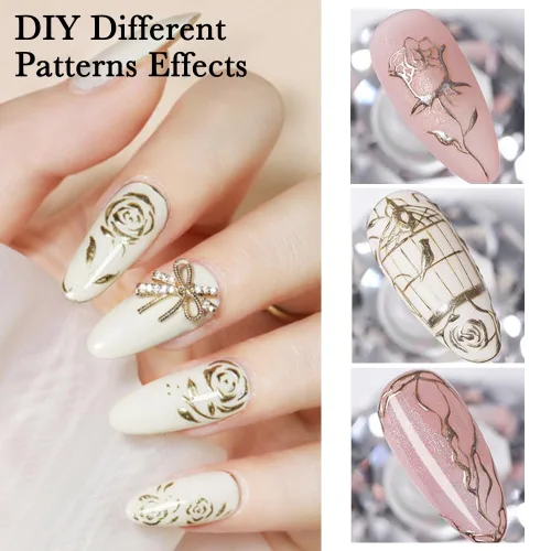 Miniatura 4 de Esmalte de uñas de gel de pintura metálica dorada de 0.3 fl oz, esmalte de uñas de gel metálico espejo 3D, flores/líneas de dibujo de gel metálico