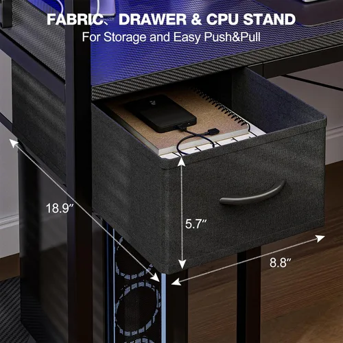 Miniatura 8 de Grandder - Escritorio de juegos de 40 pulgadas con toma de corriente y luz LED, escritorio para computadora con estantes reversibles y cajón