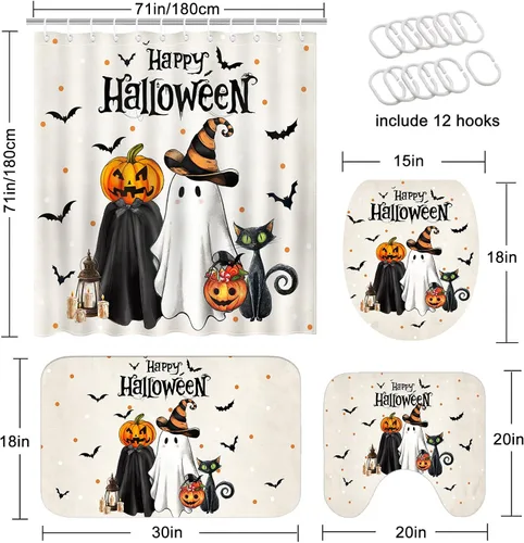 Miniatura 3 de Mocsicka Juego de cortinas de ducha de Halloween para baño, 4 piezas, fantasma, gato, calabaza, juegos de baño con alfombras antideslizantes