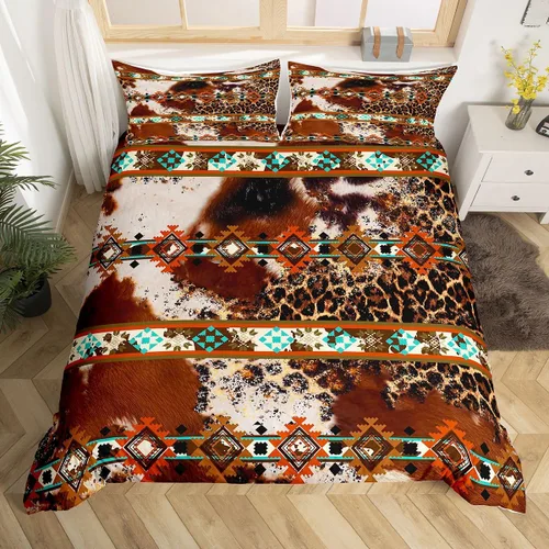 Miniatura 21 de Erosebridal Funda de edredón de piel de vaca marrón con estampado de vaca de las tierras altas, juego de ropa de cama occidental exótico azteca