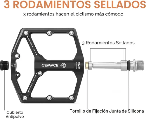 Miniatura 4 de Pedales de bicicleta de carretera/montaña - Pedales de bicicleta de 3 rodamientos - Pedales planos mecanizados CNC de 9/16 pulgadas con clavos Negro
