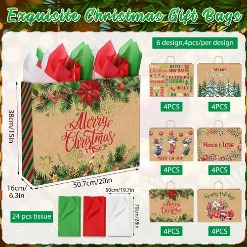 Miniatura 2 de Zachely 24 bolsas de regalo de Navidad extra grandes con 24 papel de seda, bolsas de papel kraft jumbo a granel para regalos, 6 estilos de bolsas
