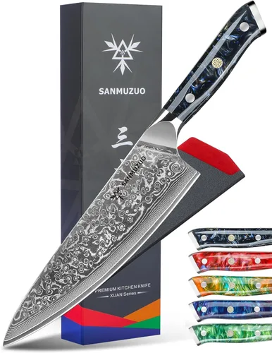 Miniatura 7 de Cuchillo de chef de 8 pulgadas, serie Xuan, VG10, cuchillo de cocina de acero damasco, mango de resina (azul zafiro)