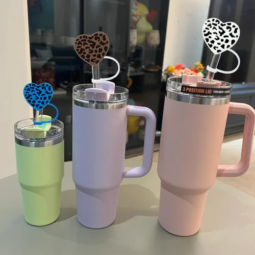 Miniatura 9 de Funda de paja de leopardo de 0.394 pulgadas para vaso Stanley de 40 onzas y 30 onzas, tapa de popote de corazón para copa Stanley, accesorios