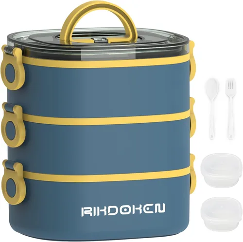 RIKDOKEN Caja de almuerzo, contenedores apilables de 3 capas, lonchera portátil de gran capacidad de 94OZ a prueba de fugas con cajas para salsa,