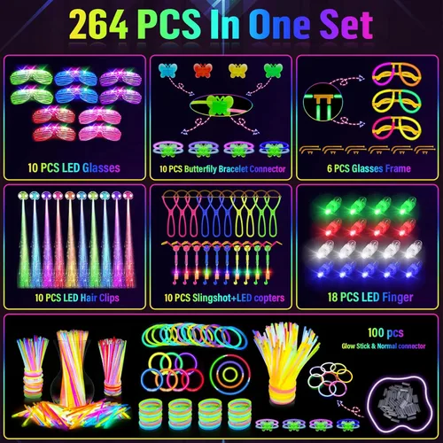Miniatura 4 de OLUPP Suministros de fiesta que brillan en la oscuridad, 264 piezas de regalos de fiesta iluminados con gafas LED, varillas brillantes, luces