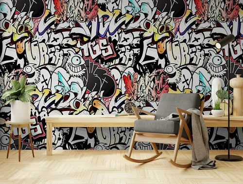 Miniatura 6 de Mural de pared colorido de graffiti. Arte callejero con temática urbana, papel tapiz removible para despegar y pegar, papel tapiz estilo graffiti.
