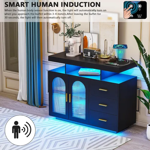 Miniatura 4 de Gurexl Gabinete de buffet LED de 40 pulgadas con estación de carga inalámbrica, sensor automático RGB de 20 colores regulable con inducción