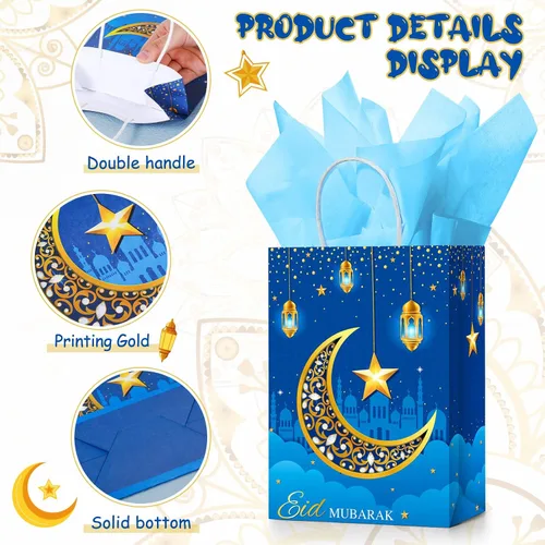 Miniatura 5 de Censen 16 juegos de bolsas de regalo de Eid Mubarak con papel de seda, bolsas de golosinas de Ramadán para suministros de fiesta de Ramadán (azul)