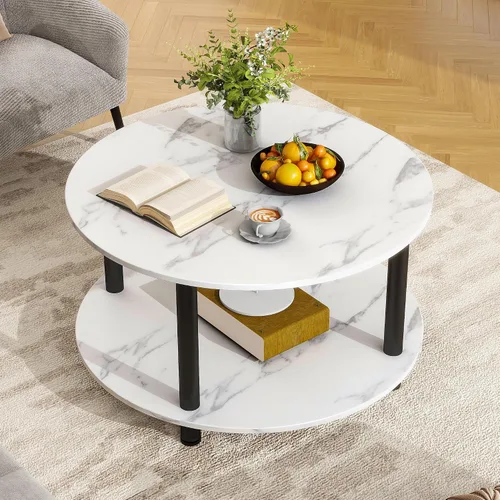 Miniatura 10 de Mesa auxiliar redonda de 23.6 pulgadas, mesa auxiliar circular pequeña de 2 niveles con almacenamiento, mesa central moderna con marco de metal