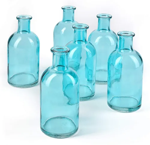 Serene Spaces Living Juego de 6 jarrones de botella de medicina para flores de tallo largo - Tamaño pequeño, juego de jarrones turquesa Pequeño azul