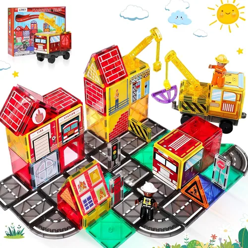 Miniatura 7 de Lotmey 132 Piezas Azulejos Magnéticos con 2 Autos Conjunto Deluxe, Bloques de Construcción Magnéticos 3D, Juguetes STEM Magnéticos Preescolares