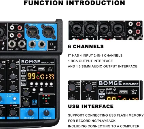 Miniatura 6 de BOMGE Consola mezcladora de sonido mini DJ Audio de 6 canales con interfaz USB, Bluetooth, grabación estéreo, alimentación fantasma de 48V, 99