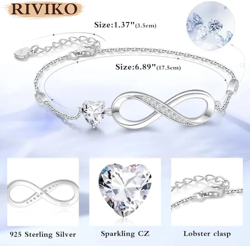 Miniatura 5 de RIVIKO Pulsera con dije de símbolo de corazón de amor infinito para mujer, plata de ley 925, ajustable, cumpleaños, Navidad, día de San Valentín
